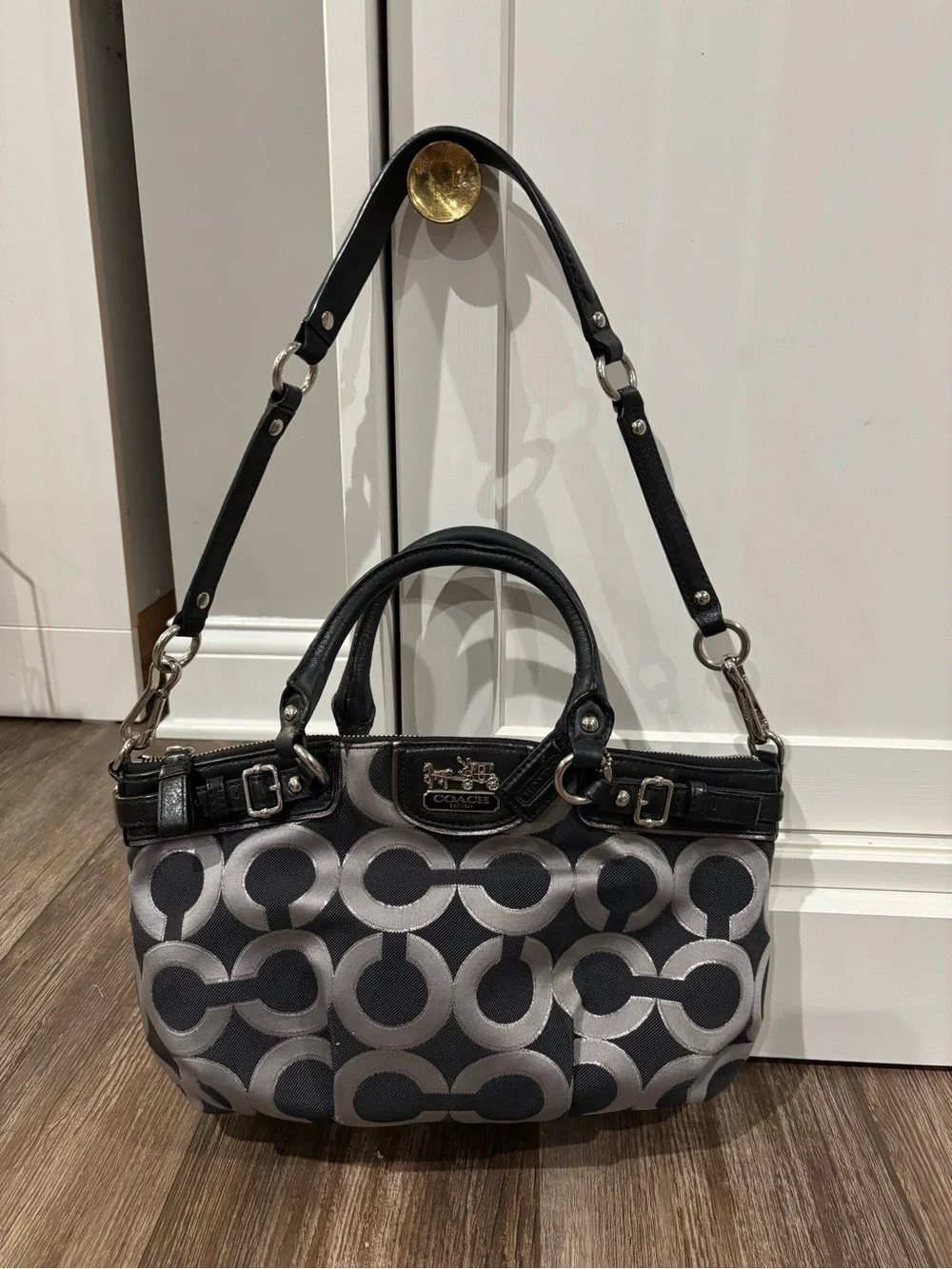black and silver Coach Madison Op Art Lurex Satchel
